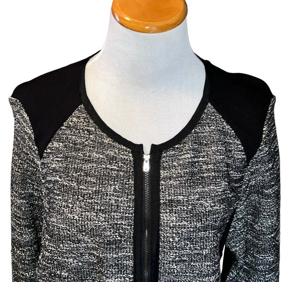 Eileen Fisher Cropped Tweed Zip Knit Sweater Jacket Black Gray Pockets Large - Picture 3 of 12
